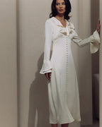 Ruffled Midi Dress with Pearl Buttons