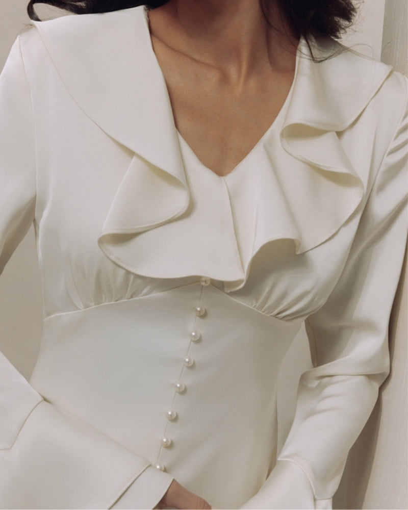 Ruffled Midi Dress with Pearl Buttons