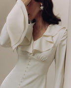 Ruffled Midi Dress with Pearl Buttons