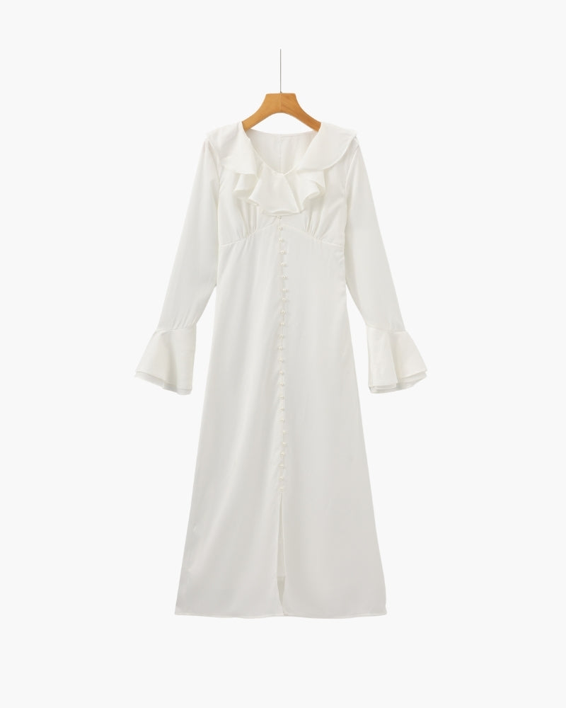 Ruffled Midi Dress with Pearl Buttons