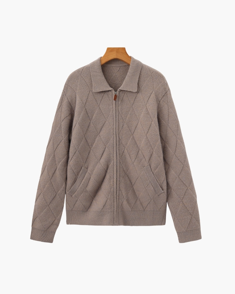 Classic Diamond Knit Zip-Up Cardigan