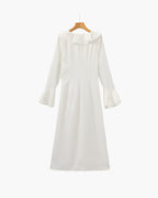 Ruffled Midi Dress with Pearl Buttons