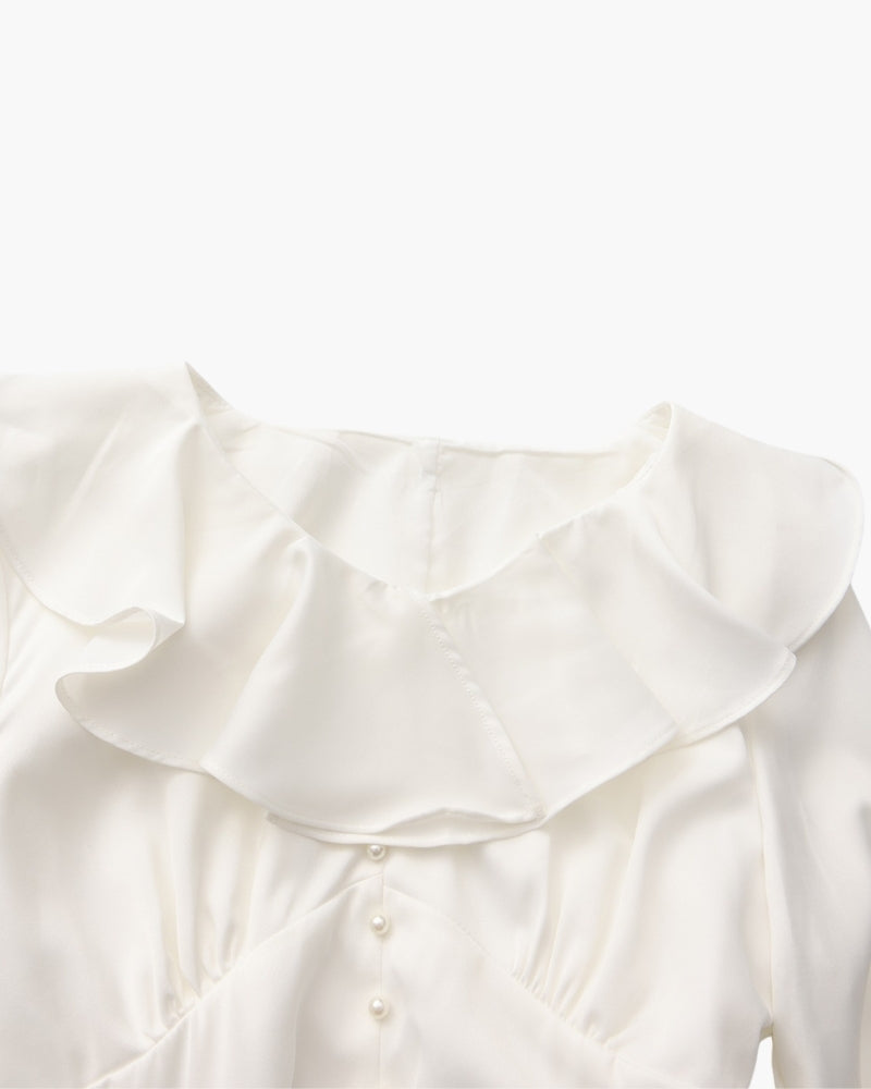 Ruffled Midi Dress with Pearl Buttons