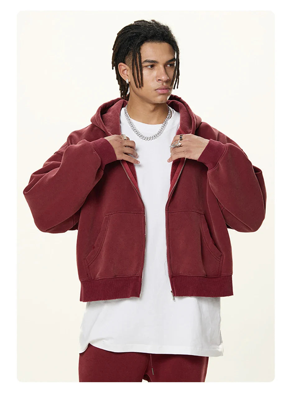 Essential Boxy Crop Washed Zip-Up Hoodie