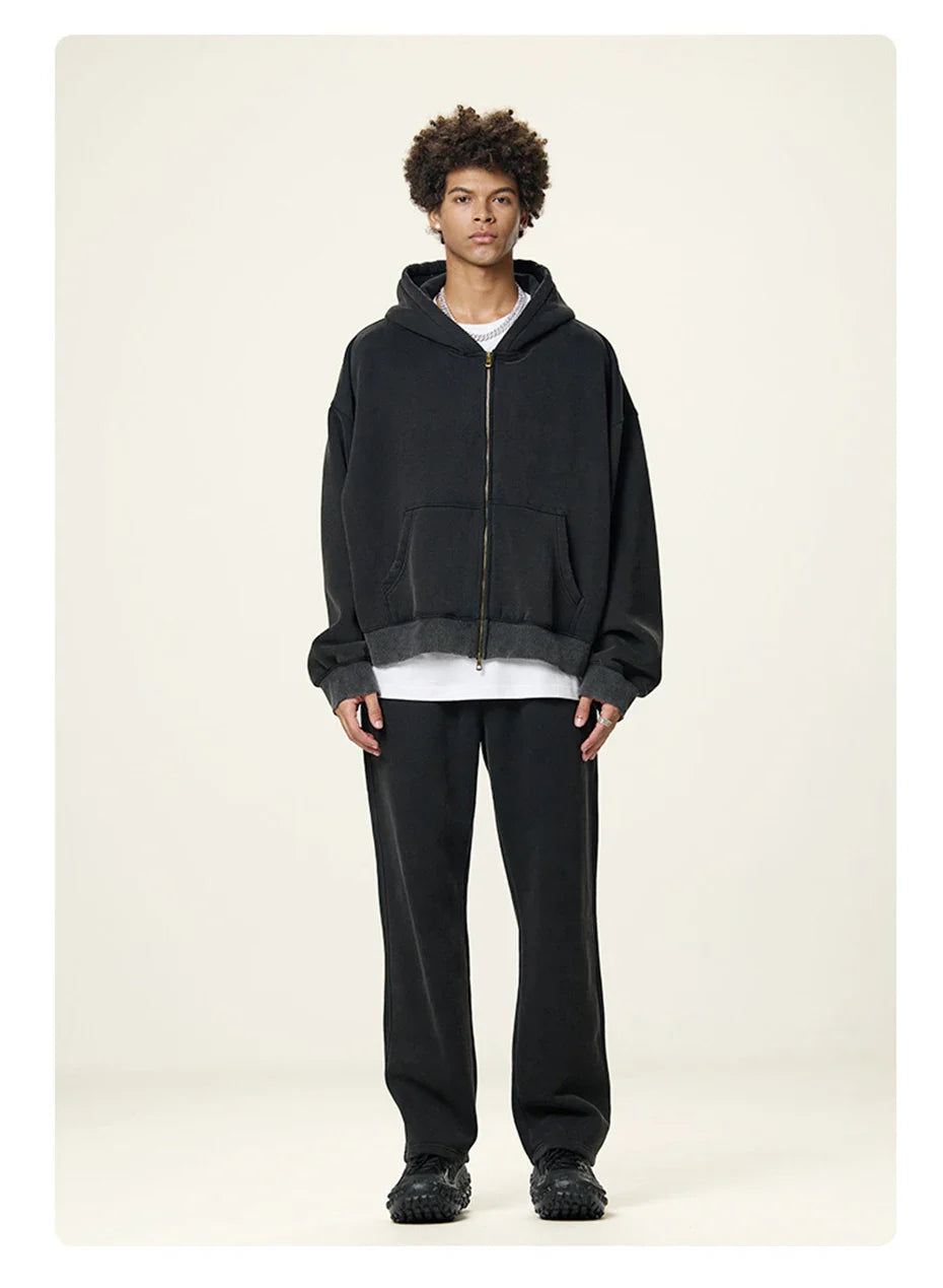 Essential Boxy Crop Washed Zip-Up Hoodie