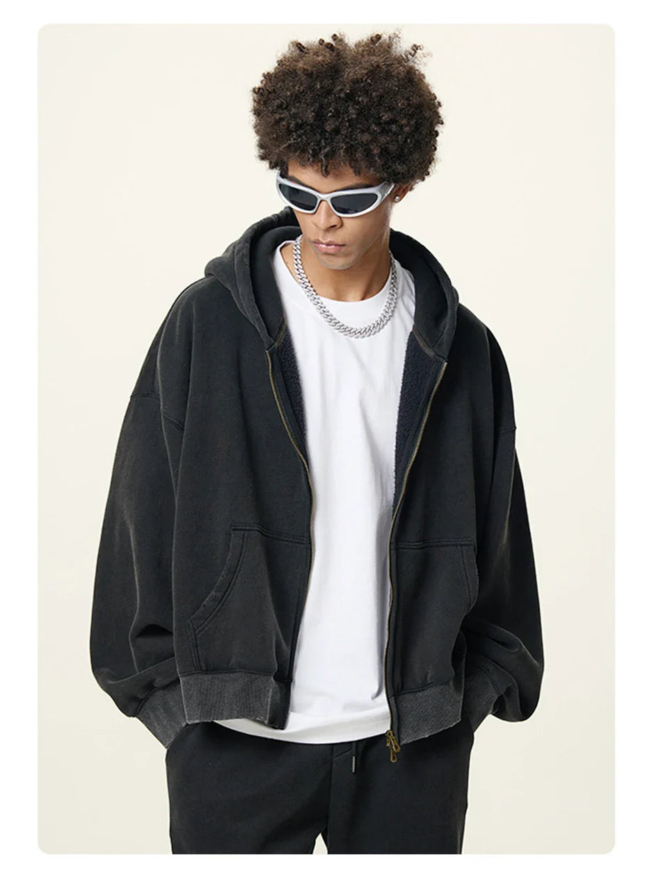 Essential Boxy Crop Washed Zip-Up Hoodie