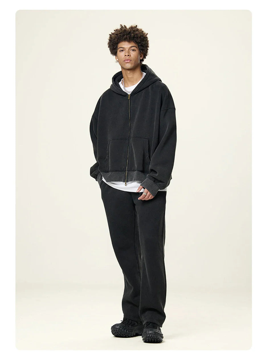 Essential Boxy Crop Washed Zip-Up Hoodie