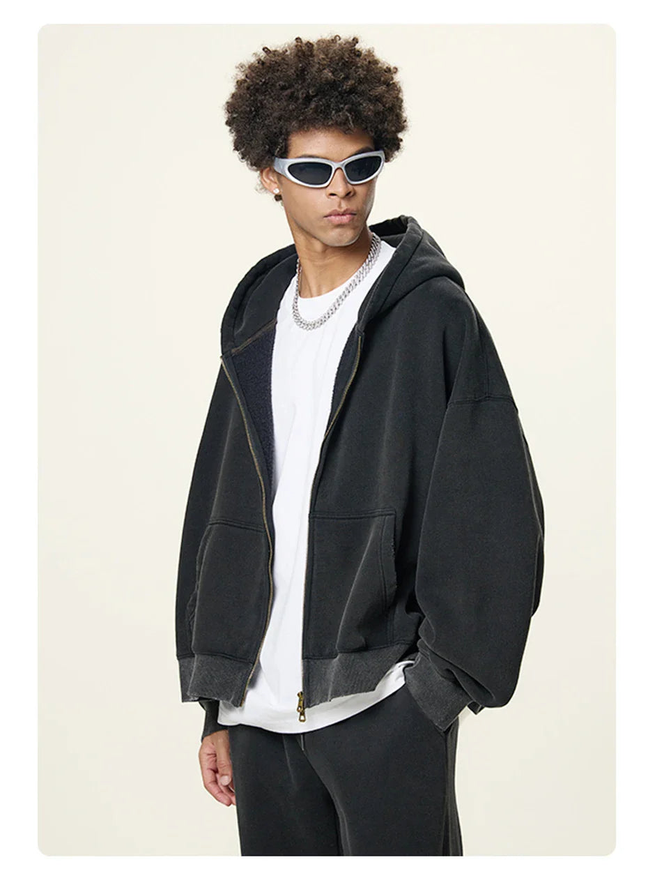 Essential Boxy Crop Washed Zip-Up Hoodie