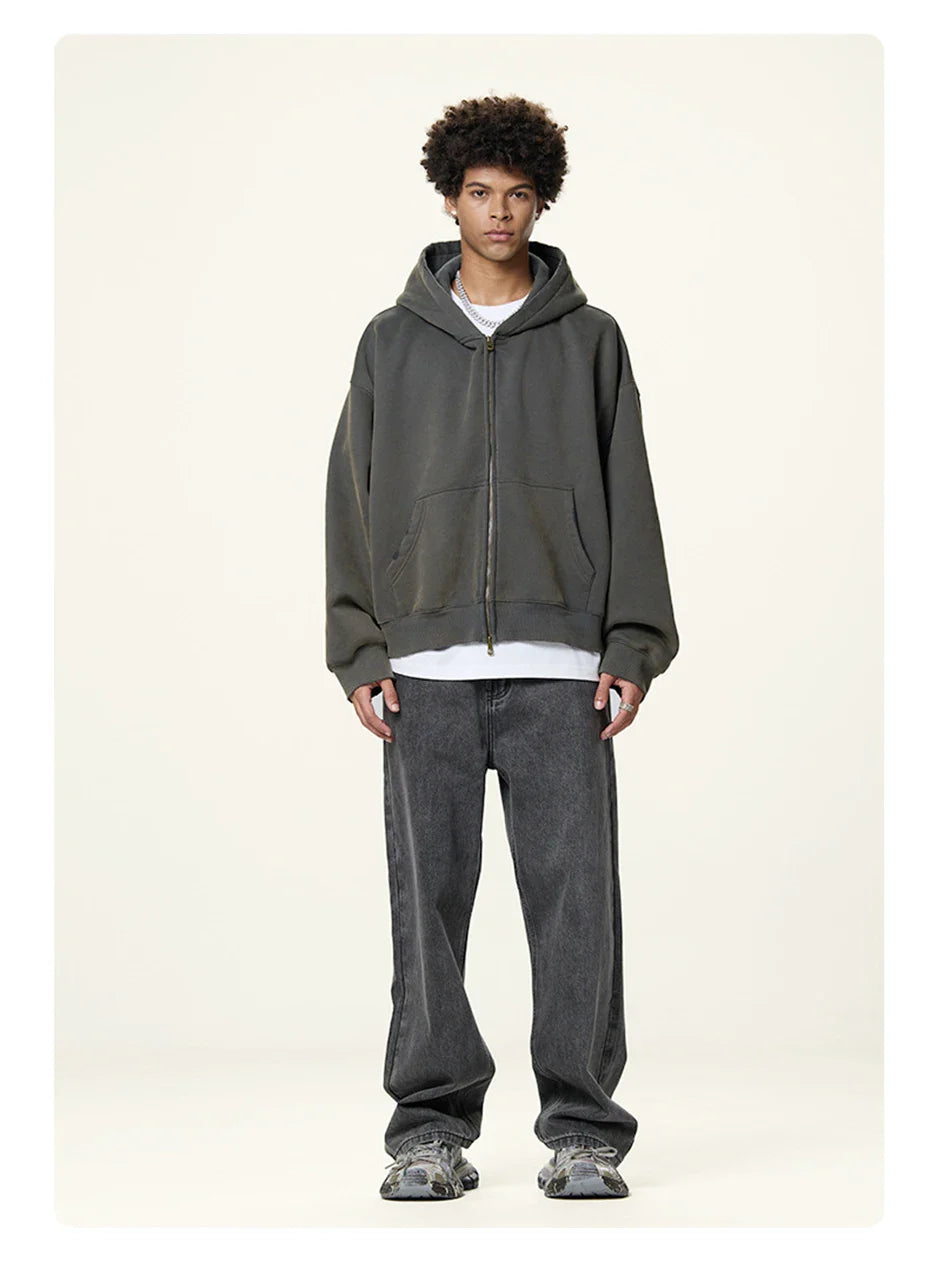Essential Boxy Crop Washed Zip-Up Hoodie
