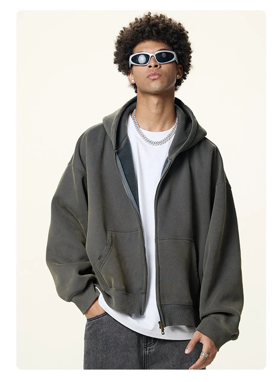Essential Boxy Crop Washed Zip-Up Hoodie