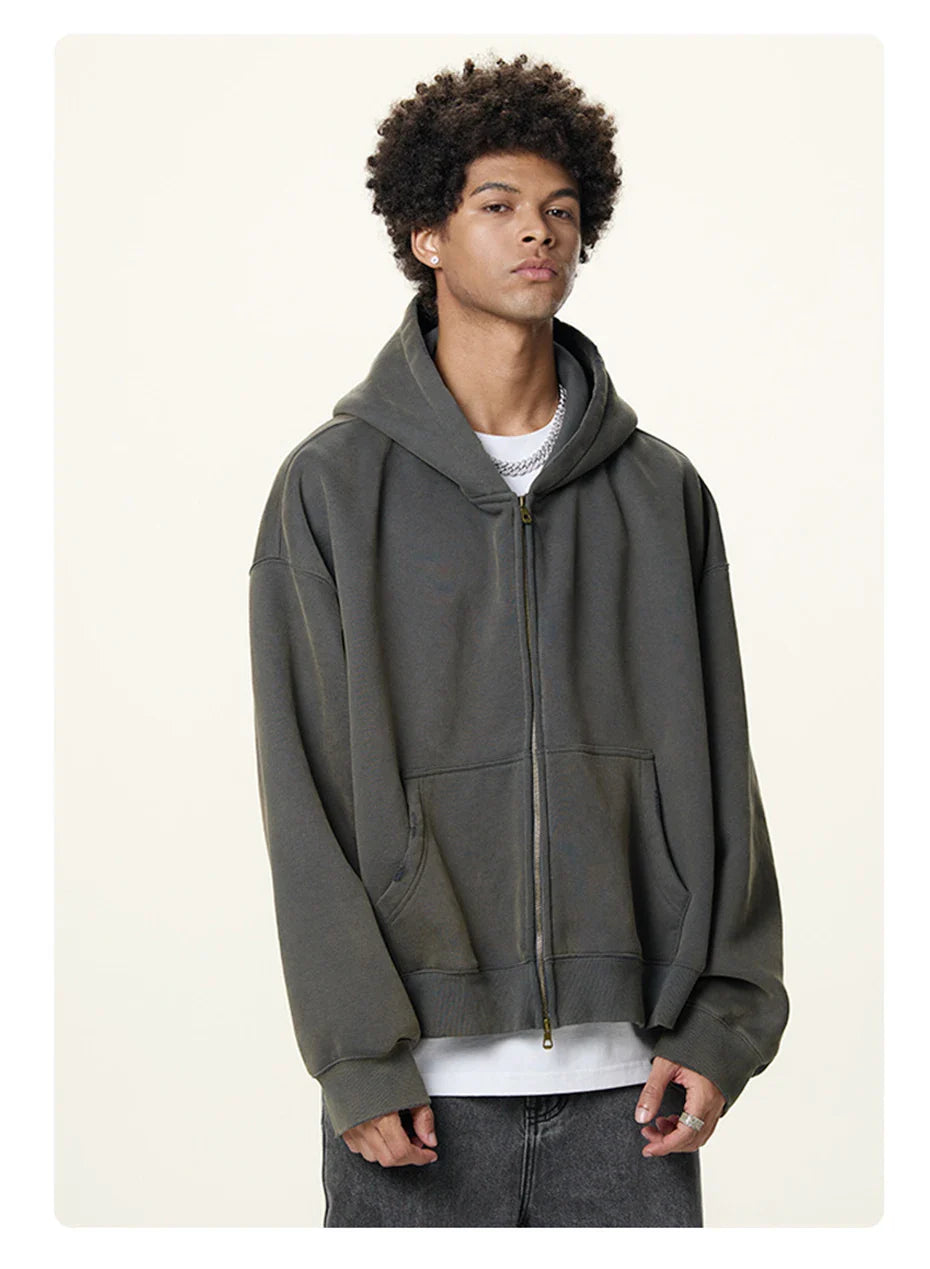 Essential Boxy Crop Washed Zip-Up Hoodie