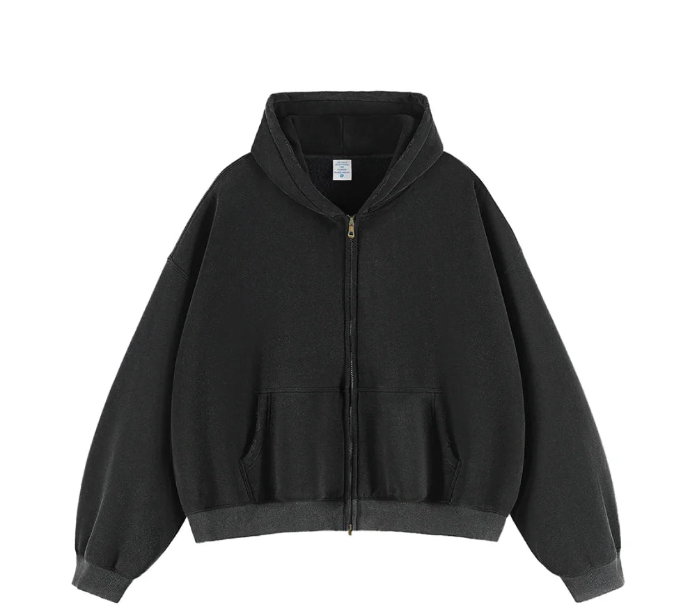 Essential Boxy Crop Washed Zip-Up Hoodie