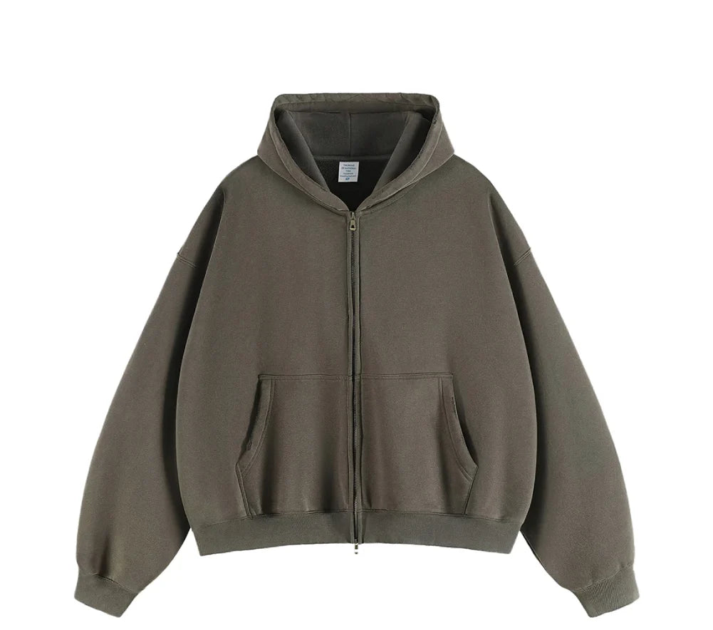 Essential Boxy Crop Washed Zip-Up Hoodie