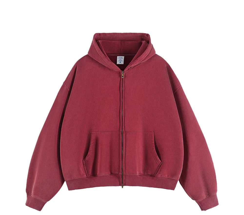 Essential Boxy Crop Washed Zip-Up Hoodie
