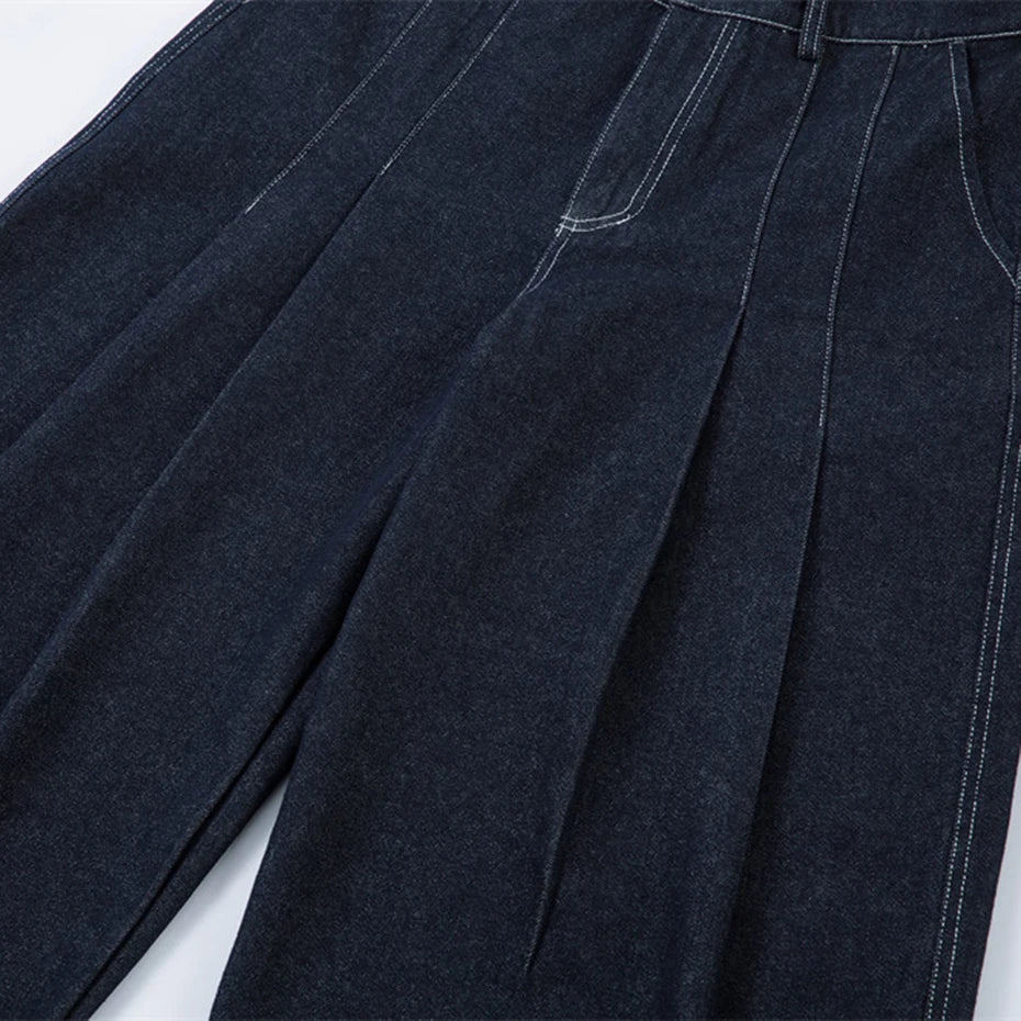 Double Pleat Dark Rinse Barrel Jeans