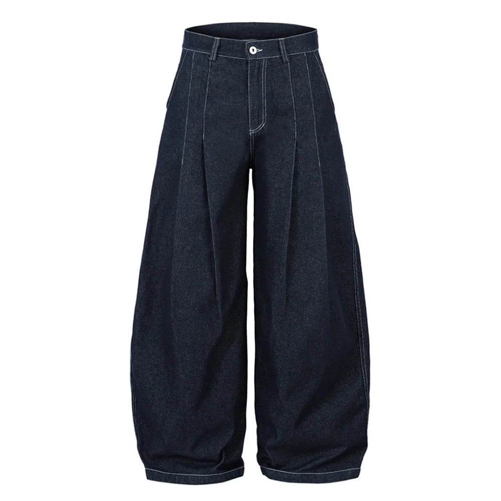 Double Pleat Dark Rinse Barrel Jeans