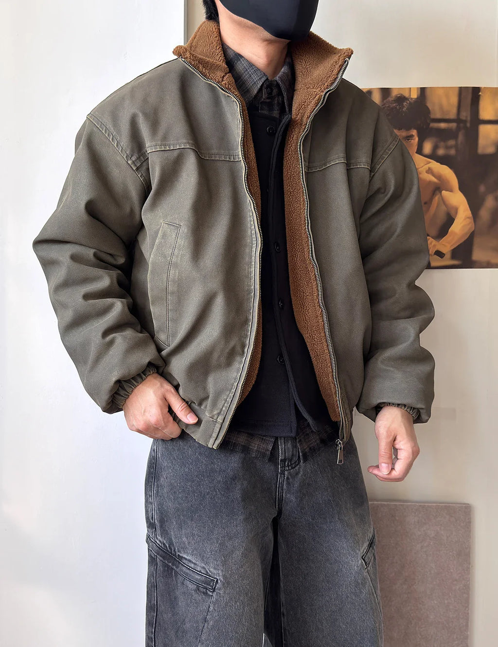Vintage Wash Fleece Lined Bomber Jacket
