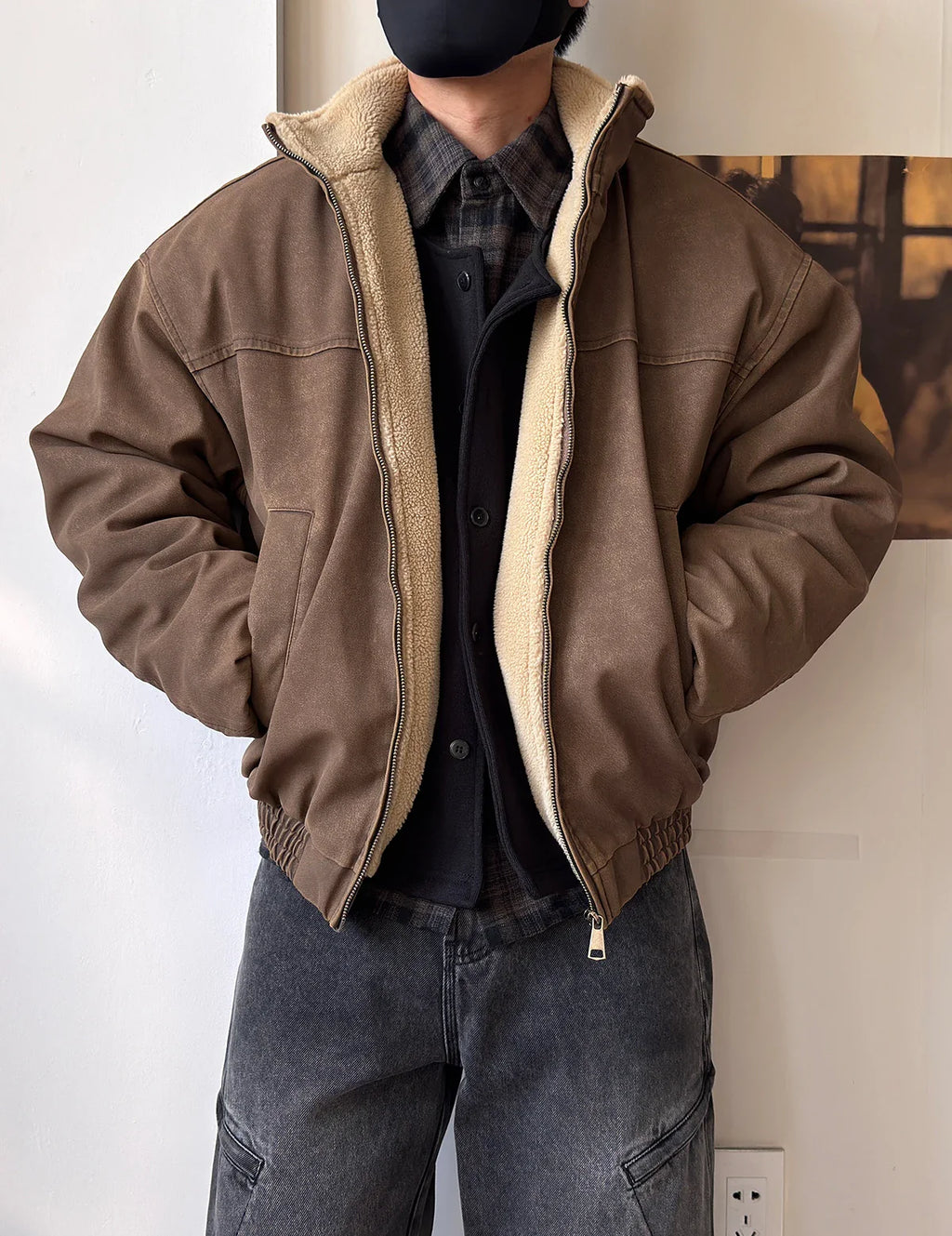 Vintage Wash Fleece Lined Bomber Jacket