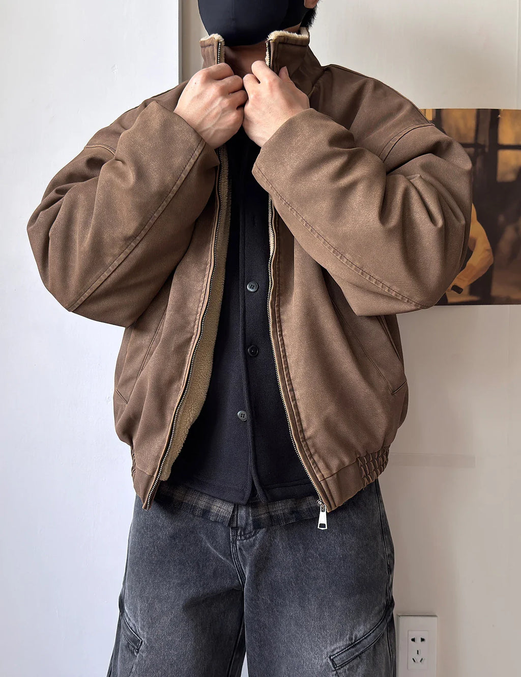 Vintage Wash Fleece Lined Bomber Jacket