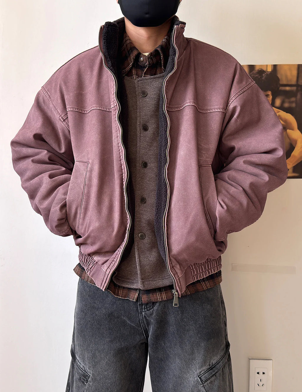 Vintage Wash Fleece Lined Bomber Jacket