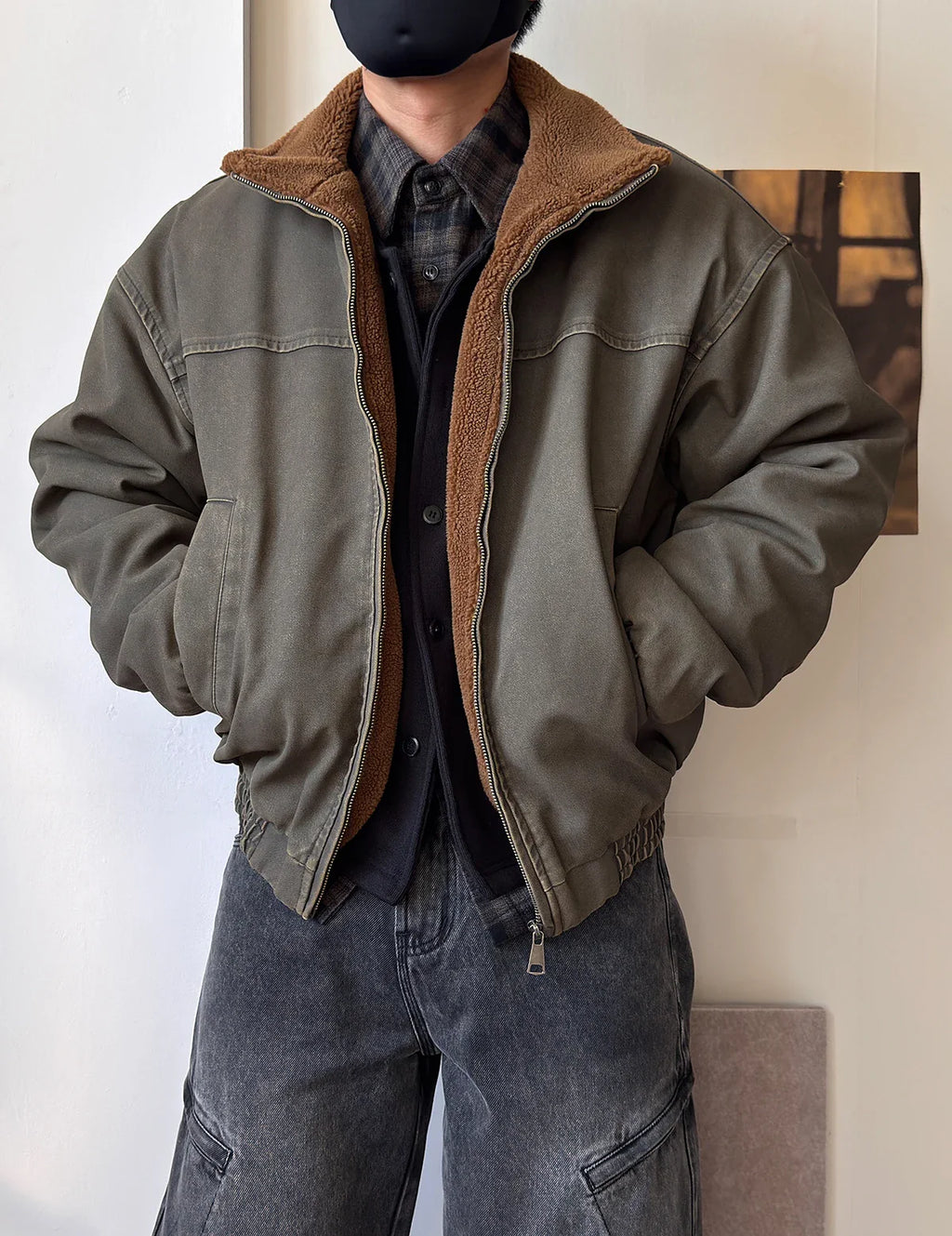 Vintage Wash Fleece Lined Bomber Jacket