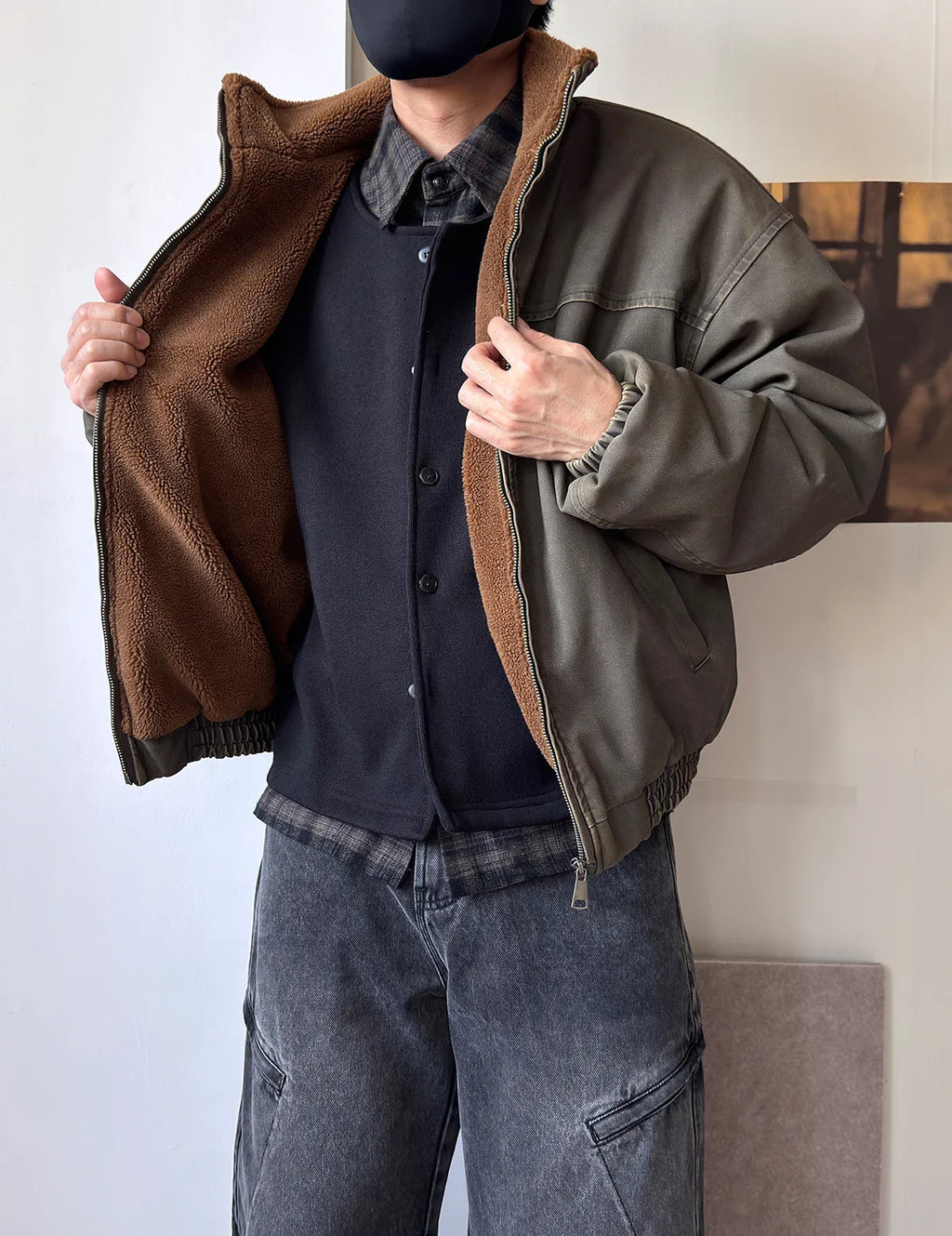 Vintage Wash Fleece Lined Bomber Jacket