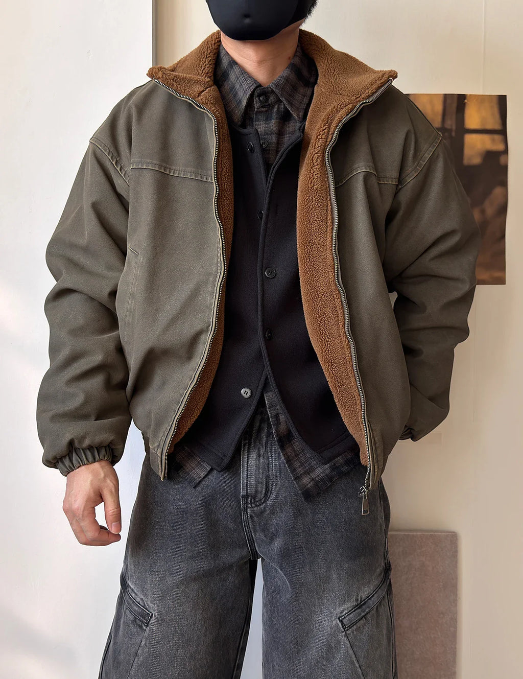 Vintage Wash Fleece Lined Bomber Jacket