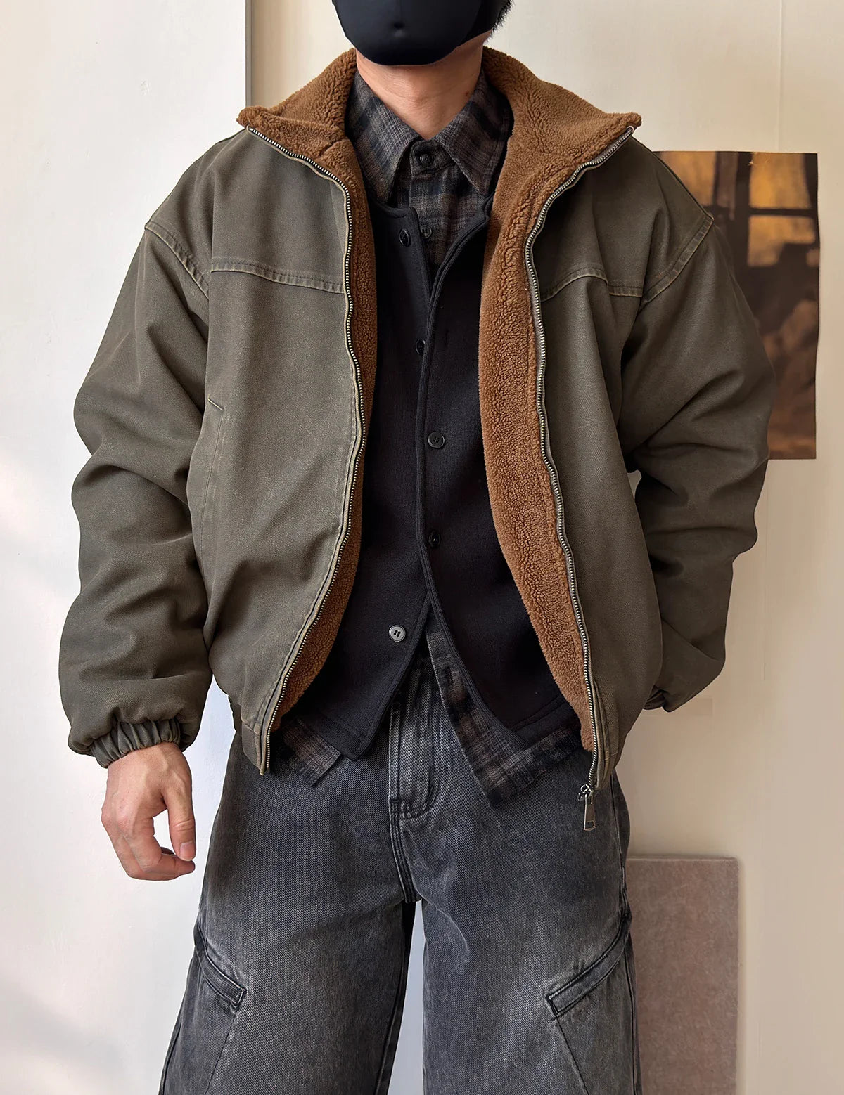 Vintage Wash Fleece Lined Bomber Jacket
